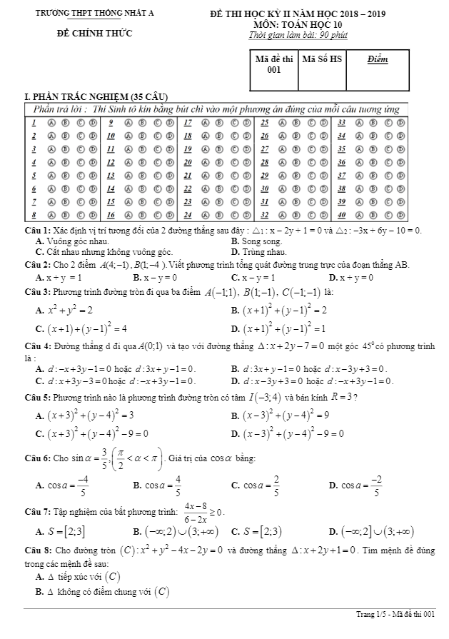 Đề thi học kỳ 2 Toán 10 năm 2018 2019 trường Thống Nhất A Đồng Nai