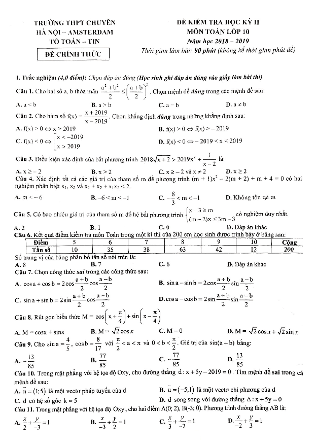 Đề thi học kỳ 2 Toán 10 năm 2018 2019 trường THPT chuyên Hà Nội Amsterdam