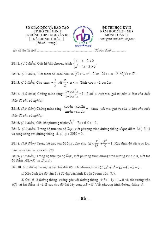Đề thi học kỳ 2 Toán 10 năm 2018 2019 trường THPT Nguyễn Du TP HCM