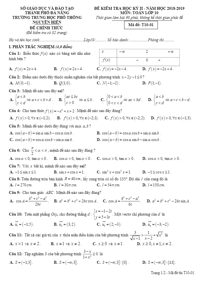 Đề thi học kỳ 2 Toán 10 năm 2018 2019 trường THPT Nguyễn Hiền Đà Nẵng