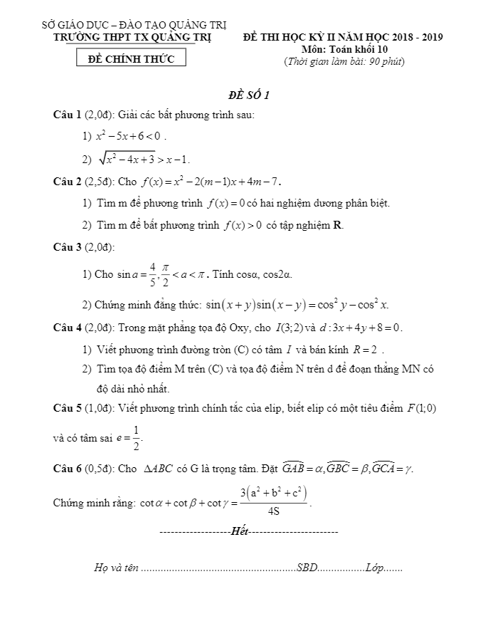 Đề thi học kỳ 2 Toán 10 năm 2018 2019 trường THPT Thị xã Quảng Trị