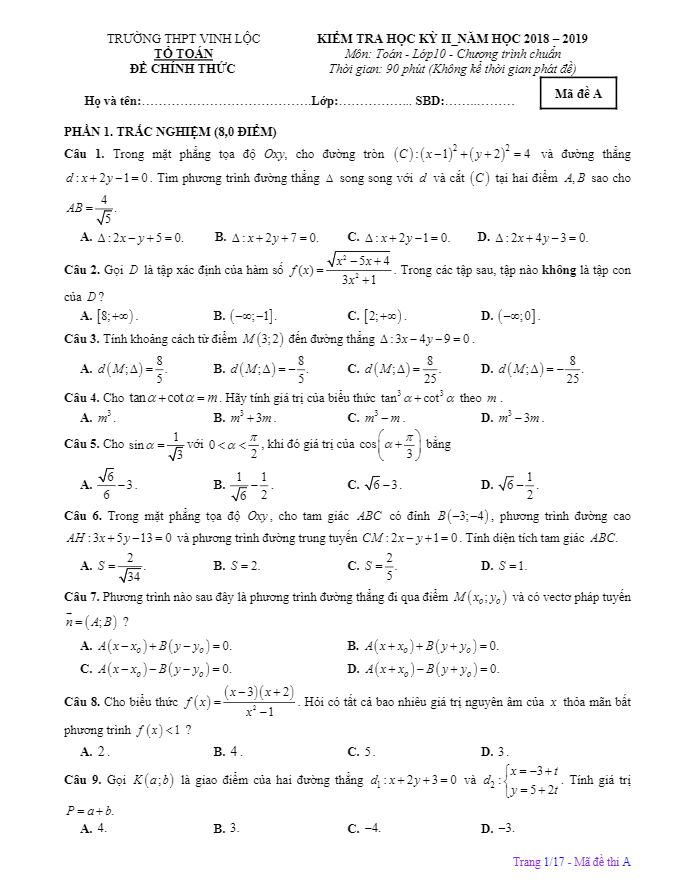 Đề thi học kỳ 2 Toán 10 năm 2018 2019 trường THPT Vinh Lộc TT Huế
