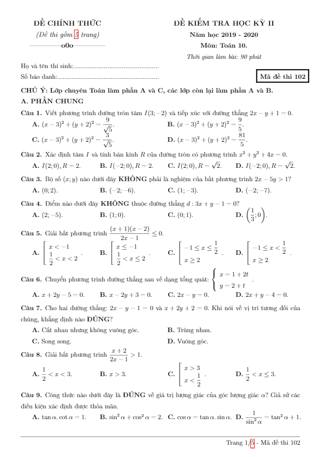 Đề thi học kỳ 2 Toán 10 năm 2019 2020 trường THPT chuyên Hạ Long Quảng Ninh