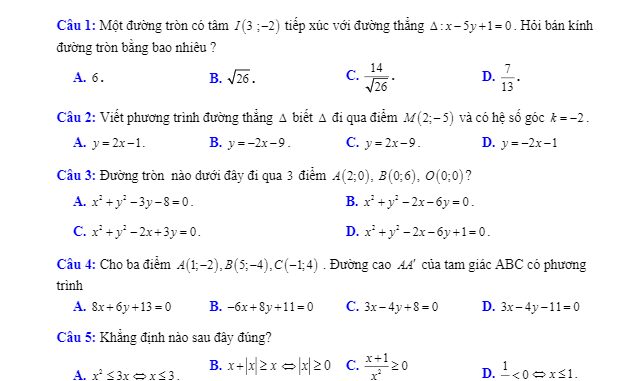 Đề thi học kỳ 2 Toán 10 năm 2019 2020 trường THPT Hưng Nhân Thái Bình