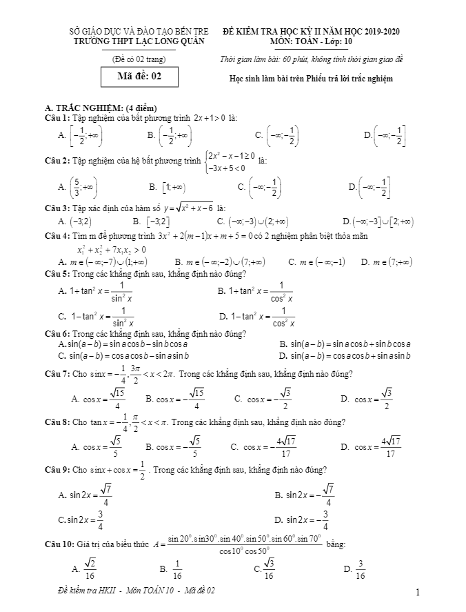 Đề thi học kỳ 2 Toán 10 năm 2019 2020 trường THPT Lạc Long Quân Bến Tre