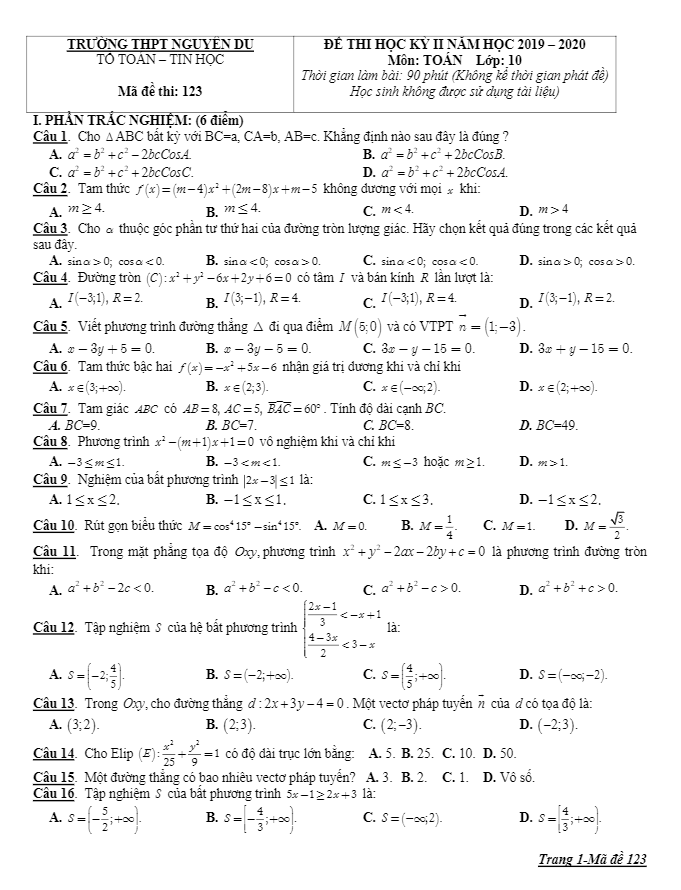 Đề thi học kỳ 2 Toán 10 năm 2019 2020 trường THPT Nguyễn Du Lâm Đồng