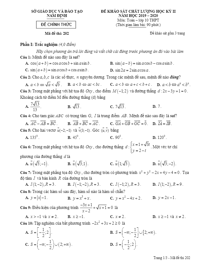 Đề thi học kỳ 2 Toán 10 năm học 2019 2020 sở GD&ĐT Nam Định