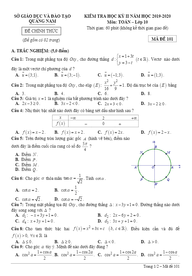 Đề thi học kỳ 2 Toán 10 năm học 2019 2020 sở GD&ĐT Quảng Nam