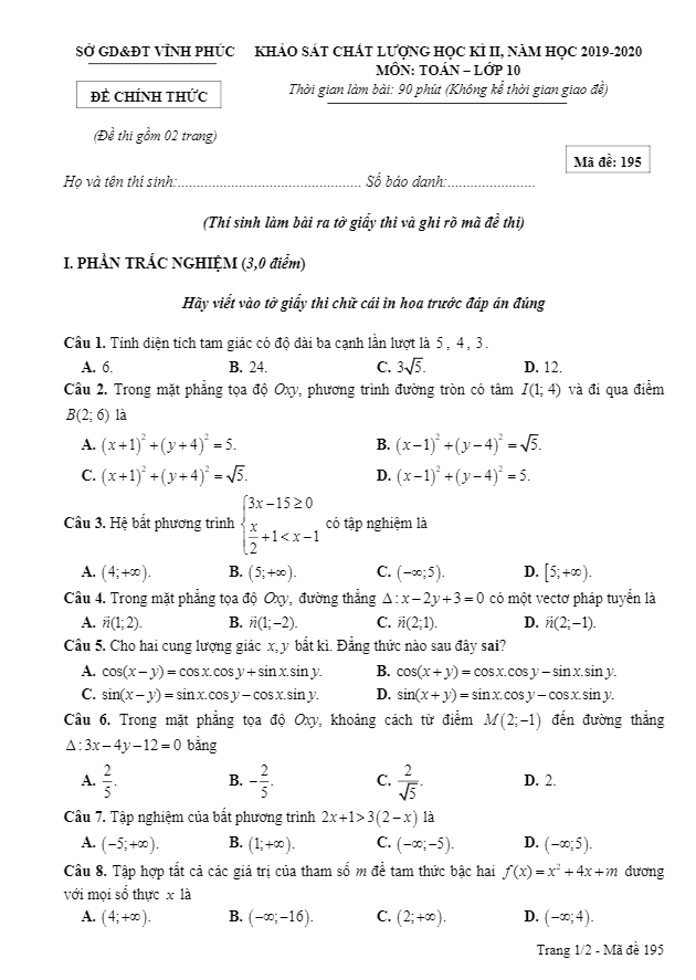 Đề thi học kỳ 2 Toán 10 năm học 2019 2020 sở GD&ĐT Vĩnh Phúc