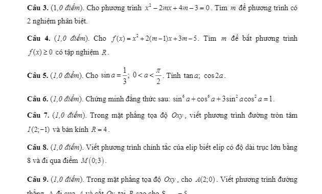 Đề thi học kỳ 2 Toán 10 năm học 2019 2020 trường THPT thị xã Quảng Trị