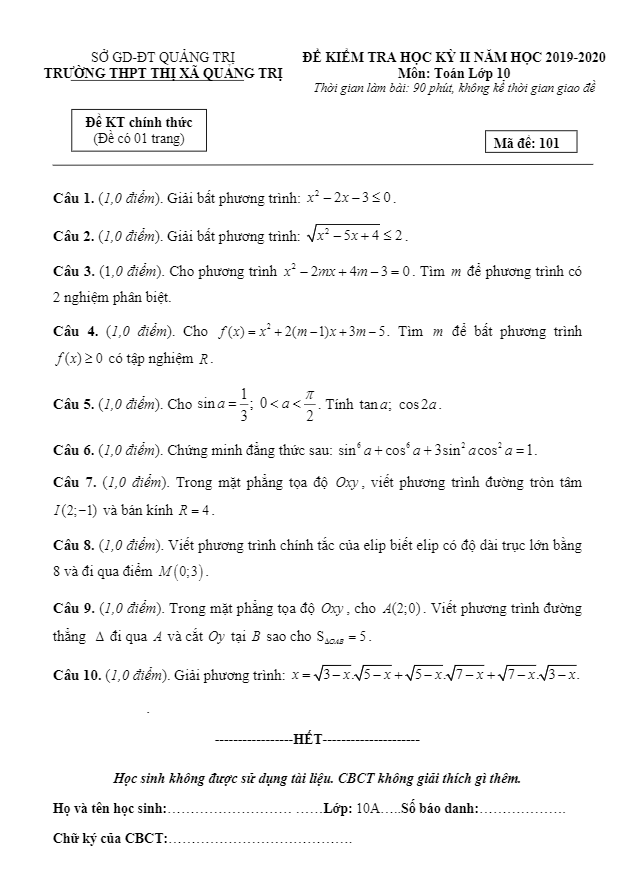 Đề thi học kỳ 2 Toán 10 năm học 2019 2020 trường THPT thị xã Quảng Trị
