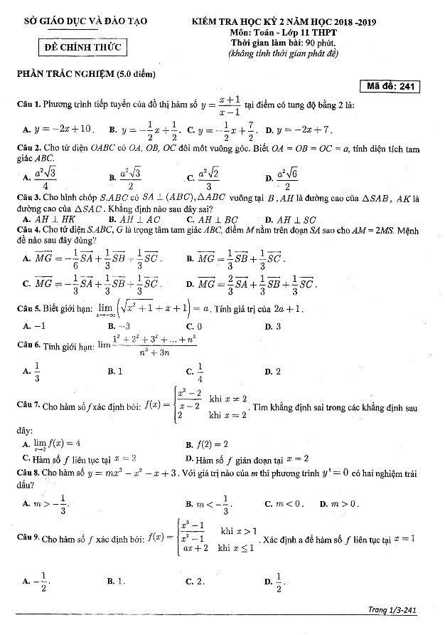 Đề thi học kỳ 2 Toán 11 năm 2018 2019 sở GD&ĐT Bình Dương