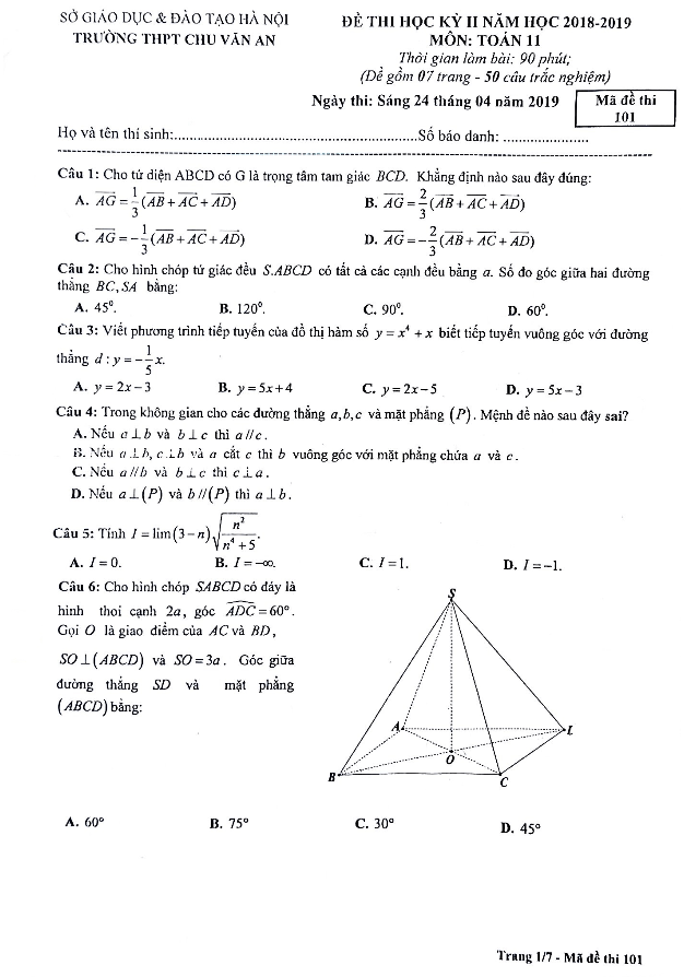 Đề thi học kỳ 2 Toán 11 năm 2018 2019 trường THPT Chu Văn An Hà Nội