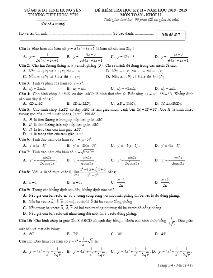 Đề thi học kỳ 2 Toán 11 năm 2018 2019 trường THPT Hưng Yên Hưng Yên