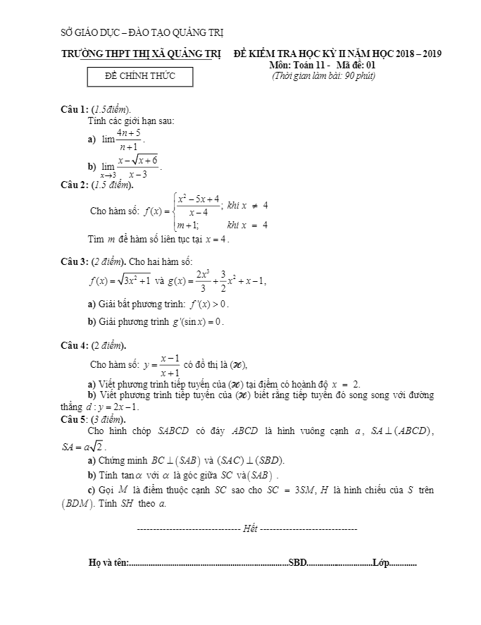 Đề thi học kỳ 2 Toán 11 năm 2018 – 2019 trường THPT Thị xã Quảng Trị