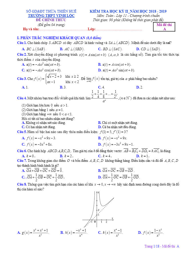 Đề thi học kỳ 2 Toán 11 năm 2018 2019 trường THPT Vinh Lộc TT Huế