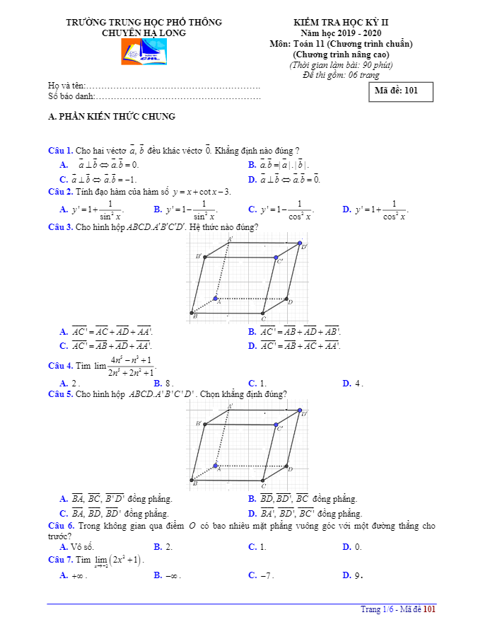 Đề thi học kỳ 2 Toán 11 năm 2019 2020 trường THPT chuyên Hạ Long Quảng Ninh
