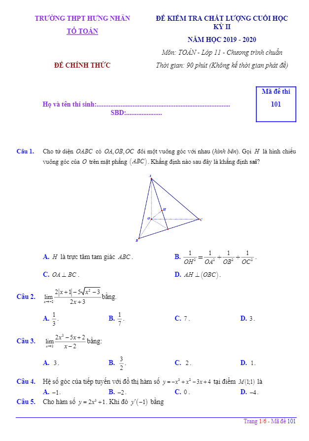 Đề thi học kỳ 2 Toán 11 năm 2019 2020 trường THPT Hưng Nhân Thái Bình