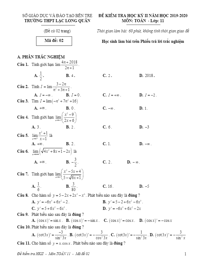 Đề thi học kỳ 2 Toán 11 năm 2019 2020 trường THPT Lạc Long Quân Bến Tre
