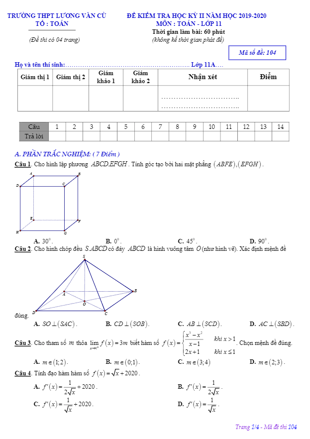 Đề thi học kỳ 2 Toán 11 năm 2019 2020 trường THPT Lương Văn Cù An Giang