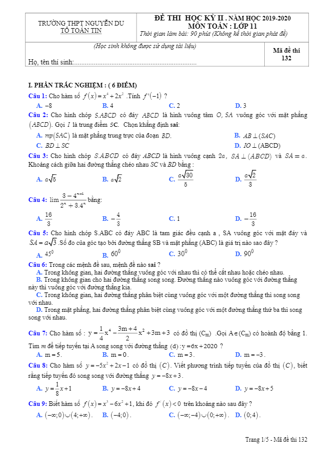 Đề thi học kỳ 2 Toán 11 năm 2019 2020 trường THPT Nguyễn Du Lâm Đồng