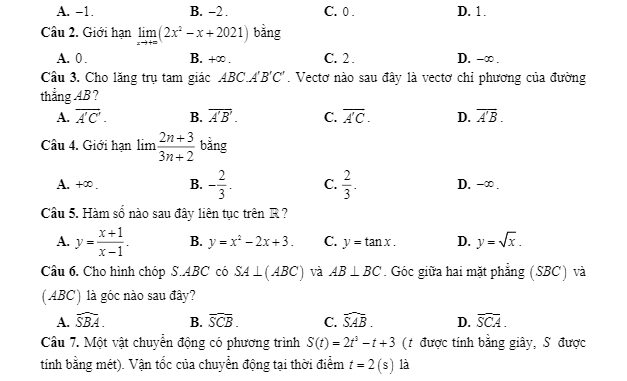 Đề thi học kỳ 2 Toán 11 năm học 2019 2020 sở GD&ĐT Vĩnh Phúc