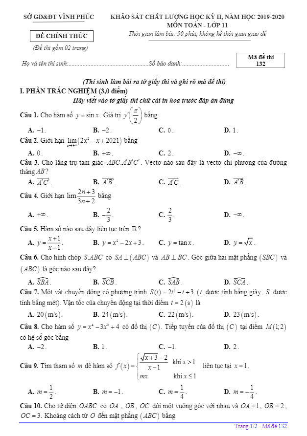 Đề thi học kỳ 2 Toán 11 năm học 2019 2020 sở GD&ĐT Vĩnh Phúc