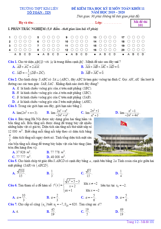 Đề thi học kỳ 2 Toán 11 năm học 2019 2020 trường THPT Kim Liên Hà Nội