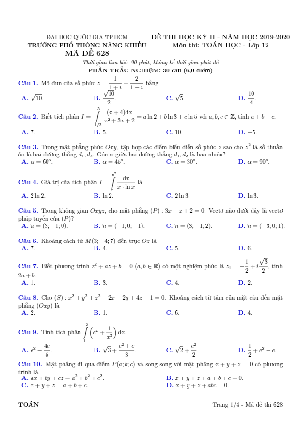 Đề thi học kỳ 2 Toán 12 năm 2019 2020 trường Phổ thông Năng khiếu TP HCM