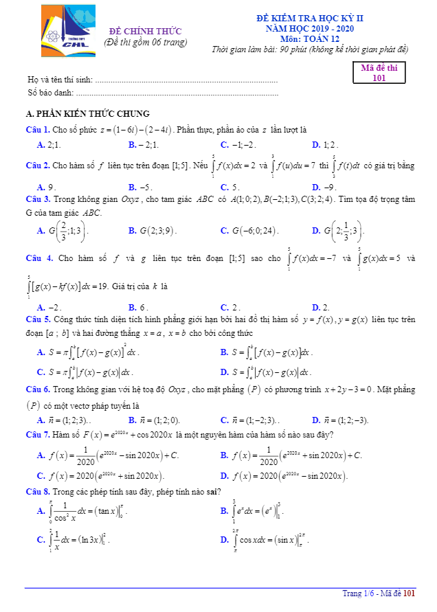 Đề thi học kỳ 2 Toán 12 năm 2019 2020 trường THPT chuyên Hạ Long Quảng Ninh