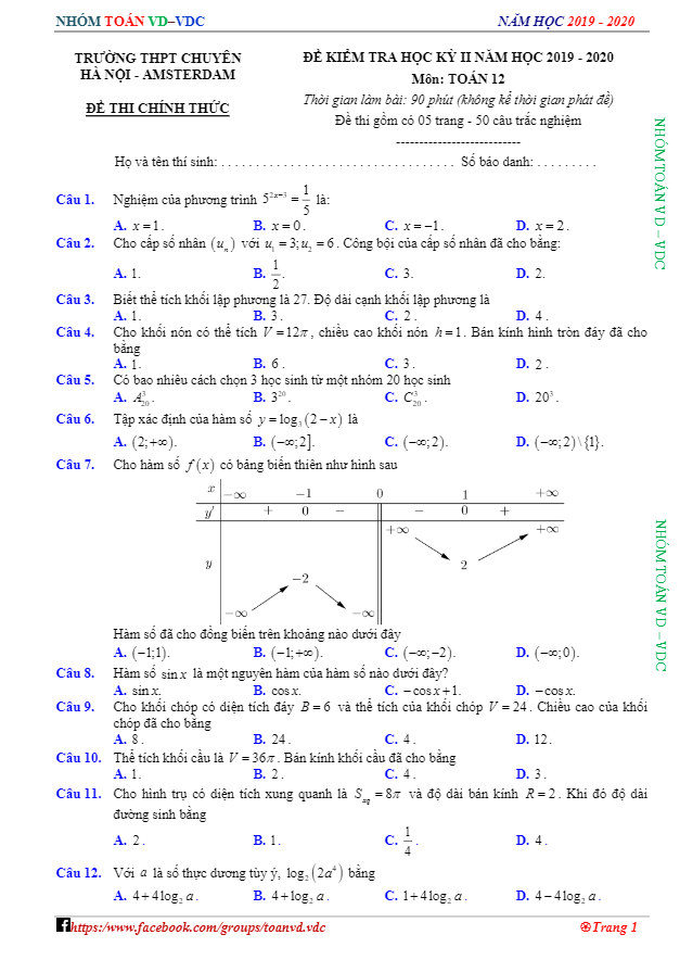 Đề thi học kỳ 2 Toán 12 năm 2019 2020 trường THPT chuyên Hà Nội Amsterdam