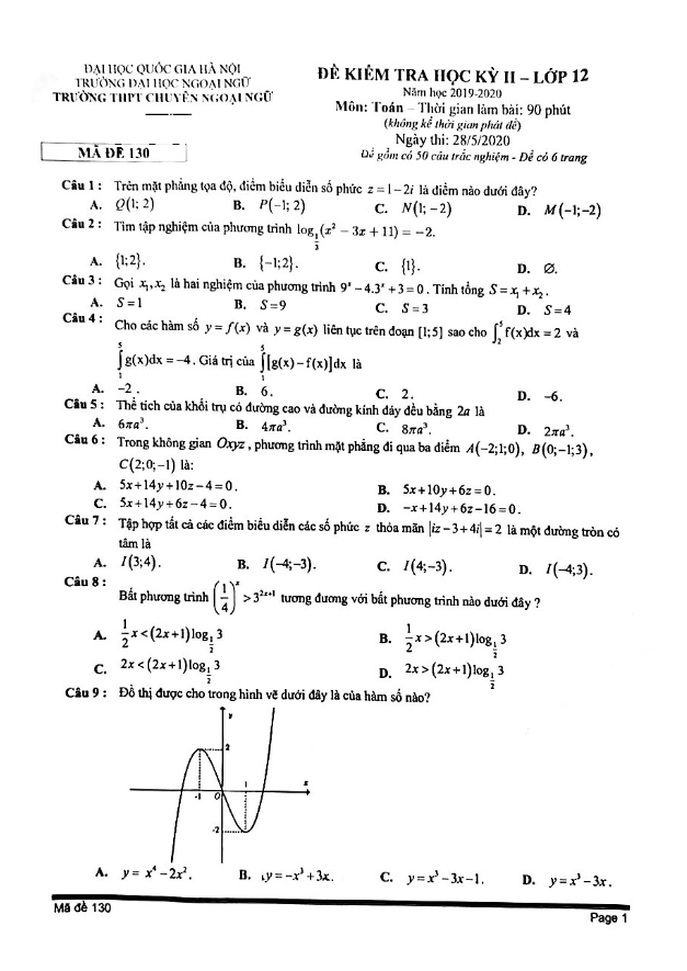 Đề thi học kỳ 2 Toán 12 năm 2019 2020 trường THPT chuyên Ngoại Ngữ Hà Nội