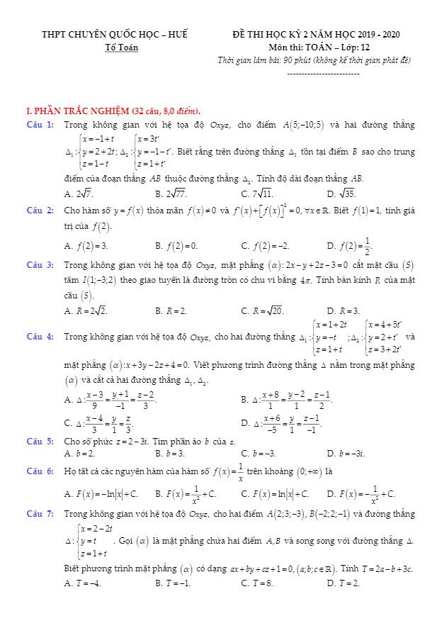 Đề thi học kỳ 2 Toán 12 năm 2019 2020 trường THPT chuyên Quốc học Huế