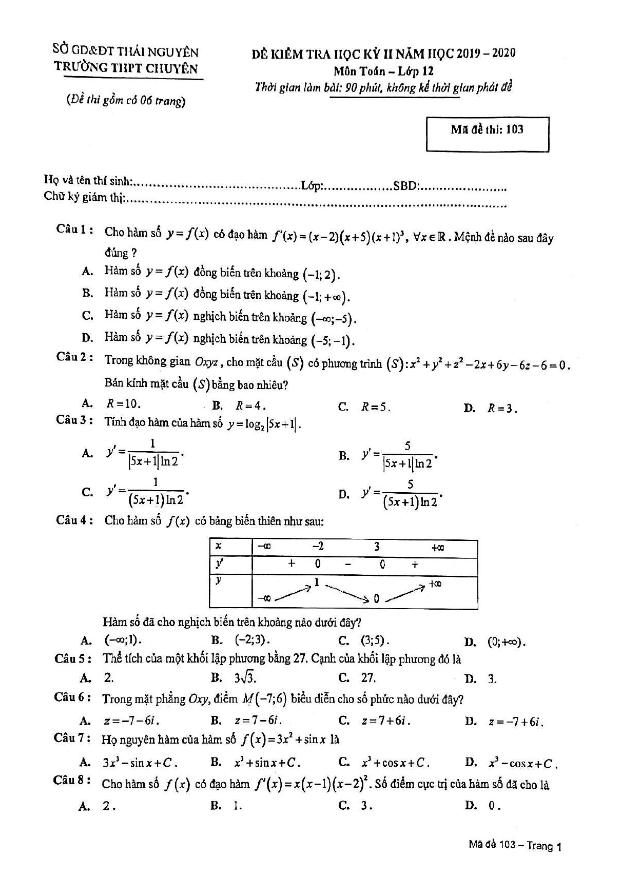 Đề thi học kỳ 2 Toán 12 năm 2019 2020 trường THPT chuyên Thái Nguyên