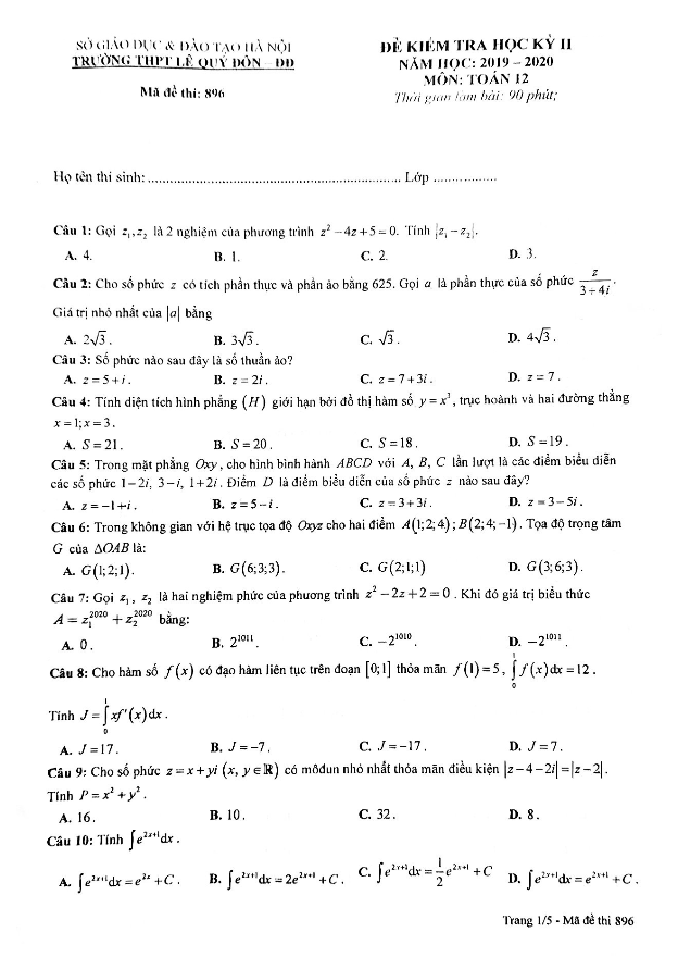 Đề thi học kỳ 2 Toán 12 năm 2019 2020 trường THPT Lê Quý Đôn Hà Nội
