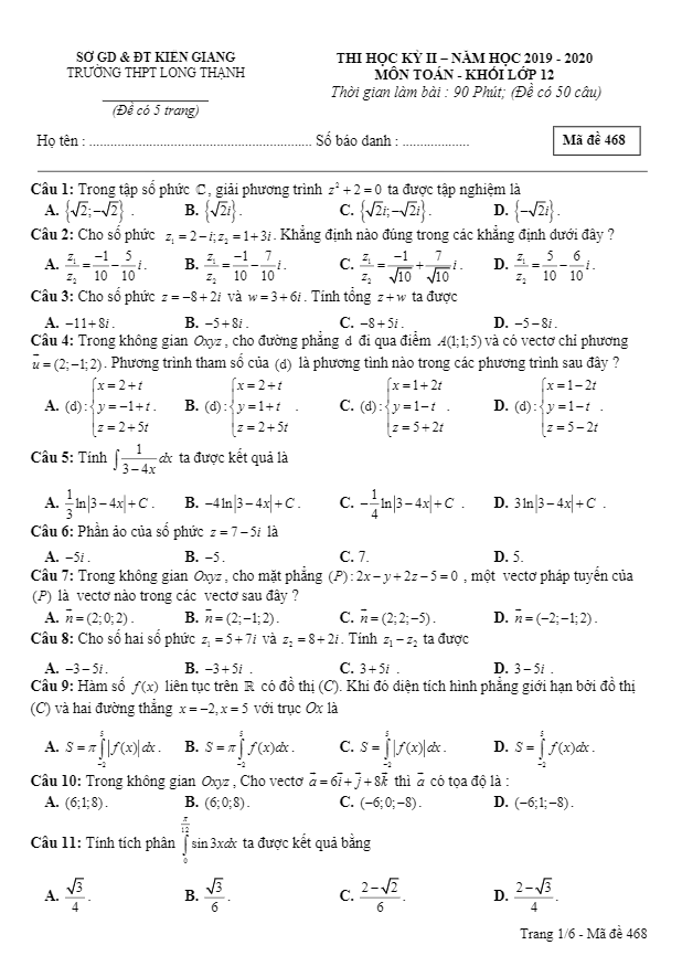 Đề thi học kỳ 2 Toán 12 năm 2019 2020 trường THPT Long Thạnh Kiên Giang