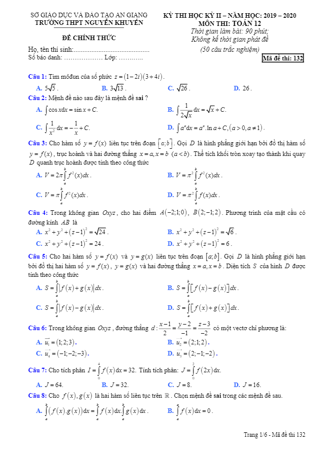 Đề thi học kỳ 2 Toán 12 năm 2019 2020 trường THPT Nguyễn Khuyến An Giang