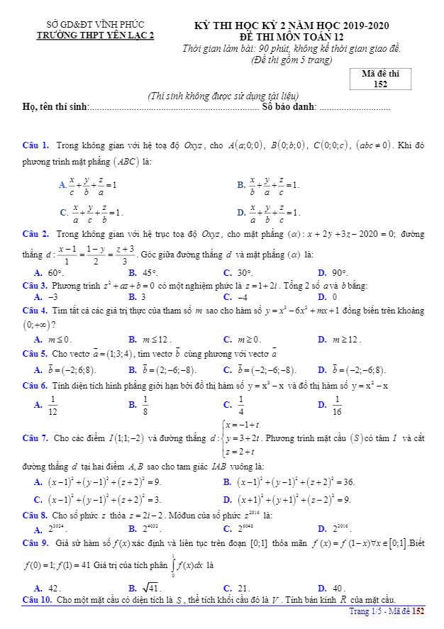 Đề thi học kỳ 2 Toán 12 năm 2019 2020 trường THPT Yên Lạc 2 Vĩnh Phúc