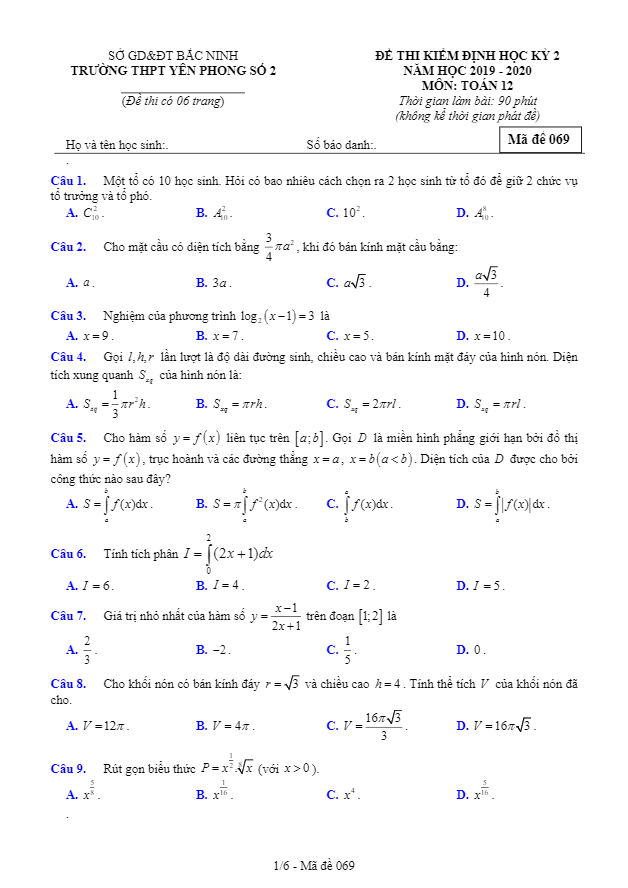 Đề thi học kỳ 2 Toán 12 năm 2019 2020 trường THPT Yên Phong 2 Bắc Ninh