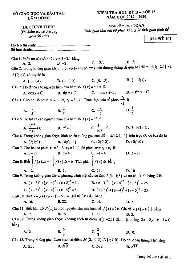 Đề thi học kỳ 2 Toán 12 năm học 2019 2020 sở GD&ĐT Lâm Đồng