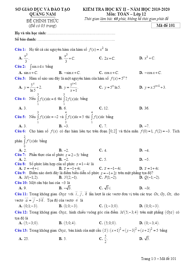 Đề thi học kỳ 2 Toán 12 năm học 2019 2020 sở GD&ĐT Quảng Nam