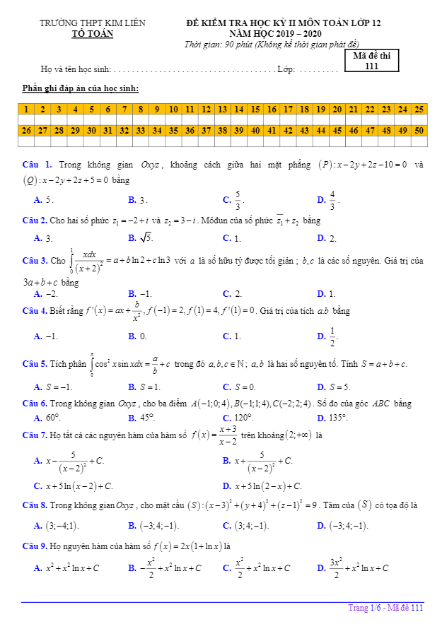 Đề thi học kỳ 2 Toán 12 năm học 2019 2020 trường THPT Kim Liên Hà Nội