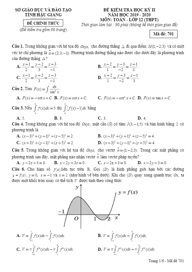 Đề thi học kỳ 2 Toán 12 THPT năm học 2019 2020 sở GD&ĐT Hậu Giang