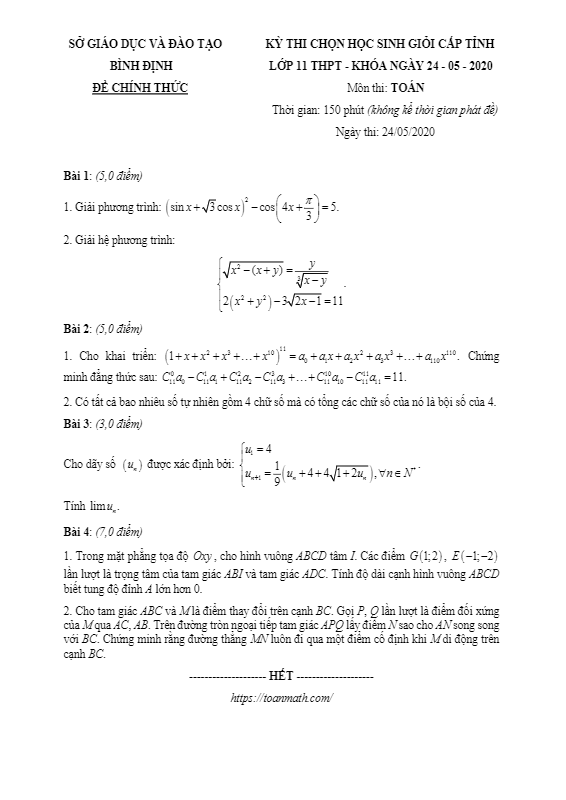 Đề thi học sinh giỏi cấp tỉnh Toán 11 năm 2019 2020 sở GD&ĐT Bình Định