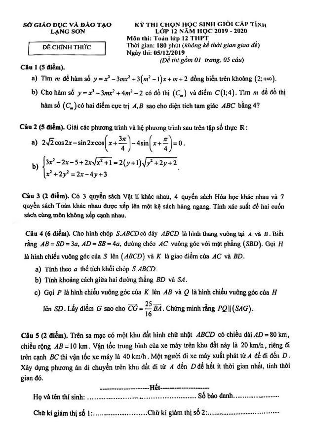 Đề thi học sinh giỏi tỉnh Toán 12 năm 2019 2020 sở GD&ĐT Lạng Sơn