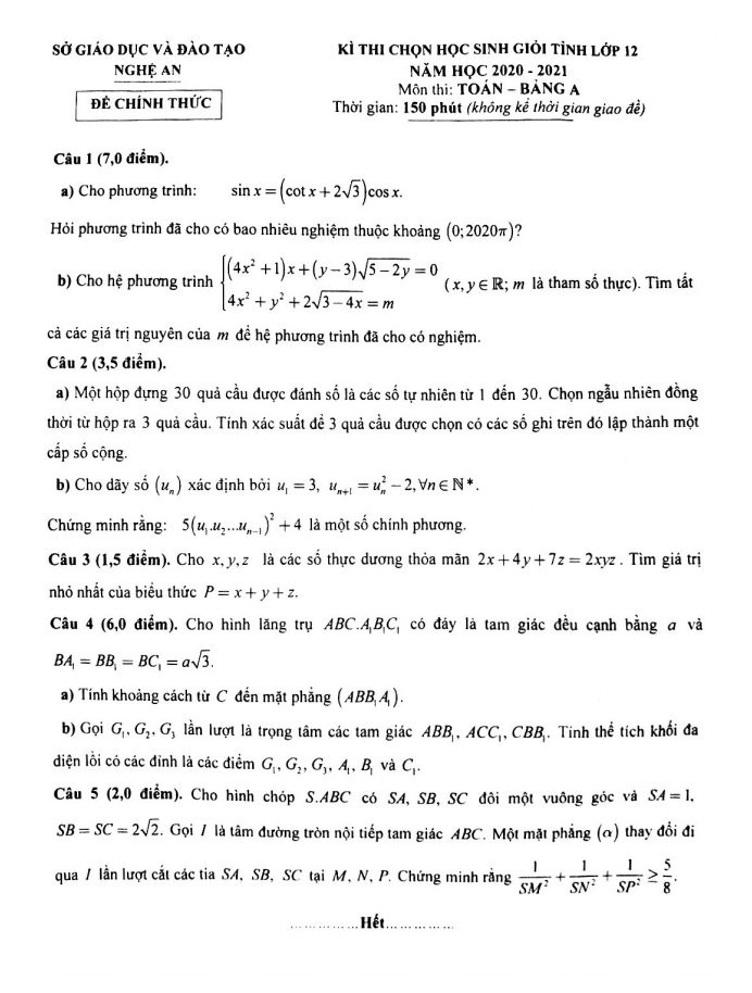 Đề thi học sinh giỏi tỉnh Toán 12 năm 2020 2021 sở GD&ĐT Nghệ An (Bảng A)