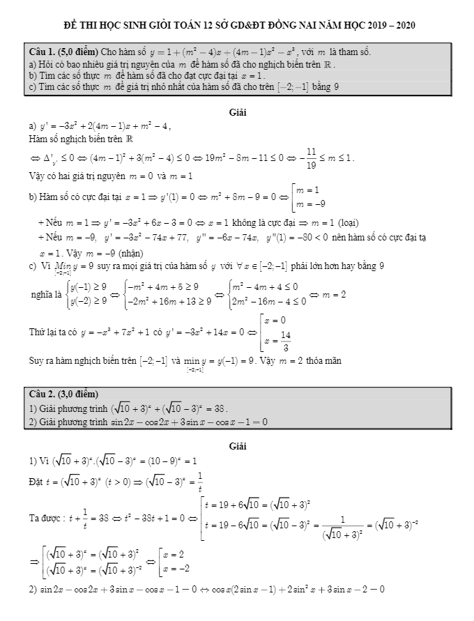 Đề thi học sinh giỏi tỉnh Toán 12 THPT năm 2019 2020 sở GD&ĐT Đồng Nai