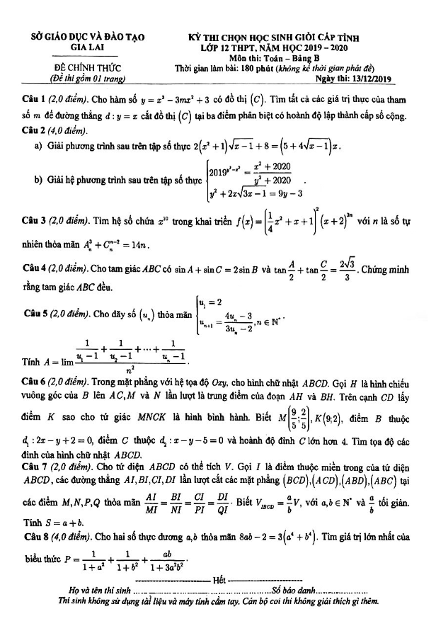Đề thi học sinh giỏi tỉnh Toán 12 THPT năm 2019 2020 sở GD&ĐT Gia Lai