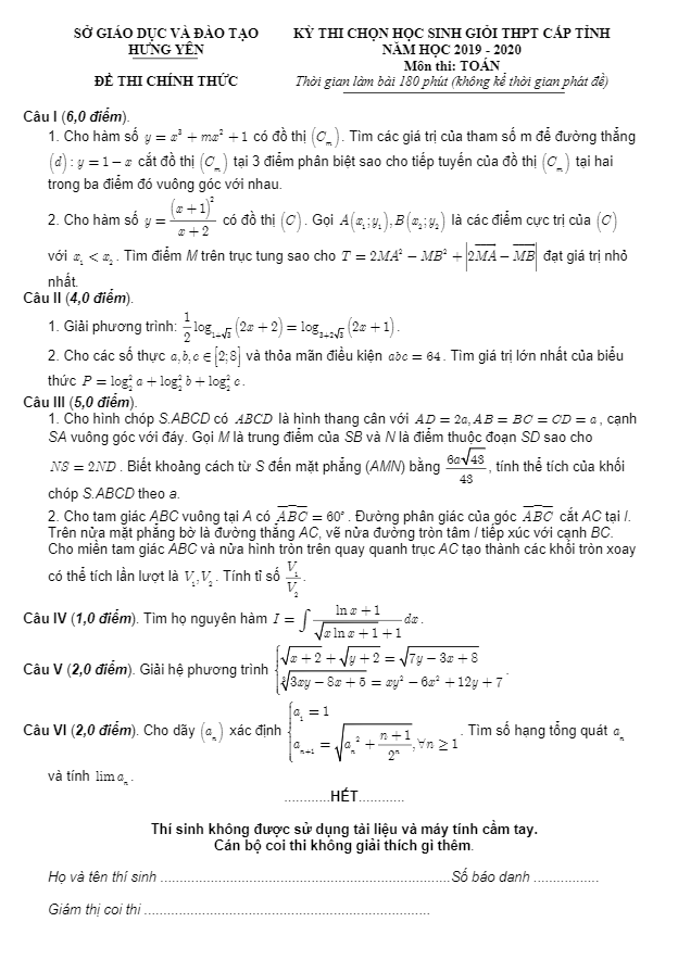 Đề thi học sinh giỏi tỉnh Toán 12 THPT năm 2019 2020 sở GD&ĐT Hưng Yên