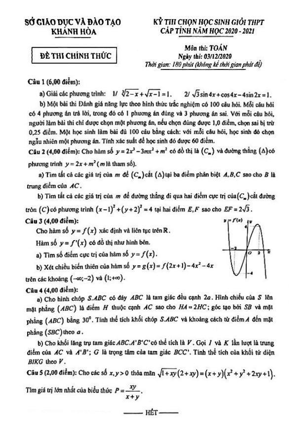 Đề thi học sinh giỏi tỉnh Toán THPT năm 2020 2021 sở GD&ĐT Khánh Hòa